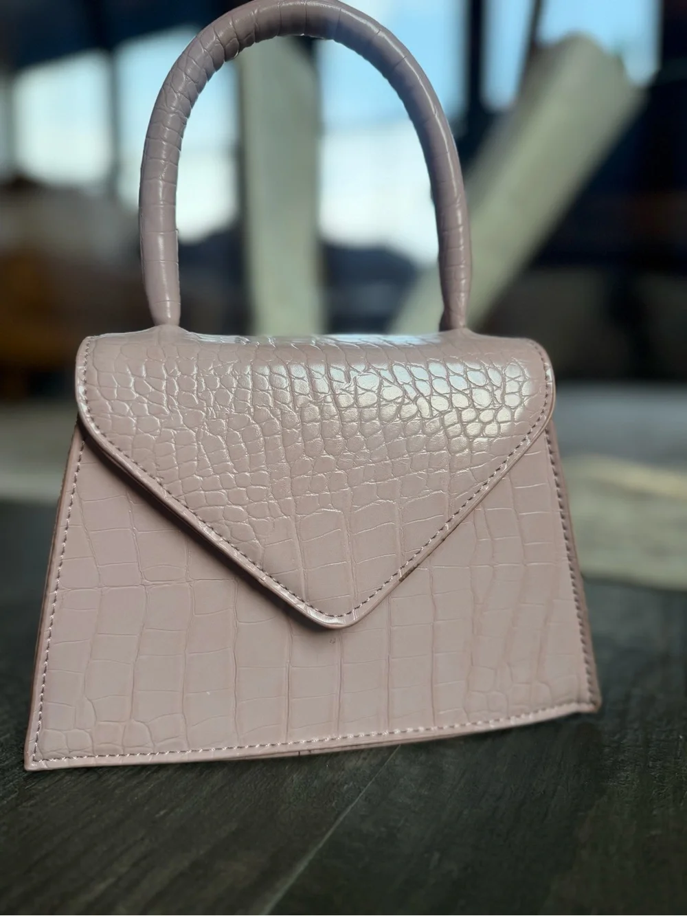 Croc-Embossed Top Handle Satchel in Blush Pink